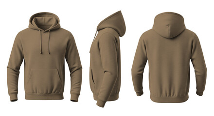 Blank Soft Brown Hoodie Mockup Front, Side, and Back Views on Transparent Background © Drip