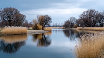 Obraz premium Serene Waterscape with Calm Reflections and Lush Reeds Under Overcast Sky in Tranquil Natural Setting