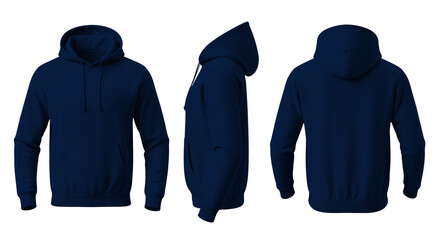 Dark Blue Hoodie Mockup Front, Side, and Back Views on Transparent Background © Drip