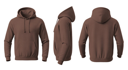 Soft Brown Hoodie Mockup Front, Side, and Back Views on Transparent Background © Drip
