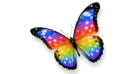 Farbenpr�chtiger Schmetterling mit gepunkteten Regenbogenfl�geln schwebt lebendig vor wei�em Hintergrund. AI Generated