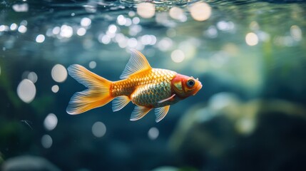 A vibrant goldfish swims gracefully in its aquatic environment, with bubbles rising to the surface, creating a serene underwater scene
