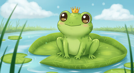 Ein niedlicher Froschprinz mit Krone sitzt l�chelnd auf einem Seerosenblatt im Teich kindlich charmante Szene. AI Generated