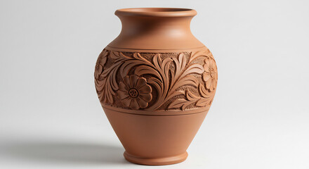 Detailreich geschnitzte Terrakotta Vase mit Blumenmuster sanftes Studiolicht hebt feine Details hervor. AI Generated