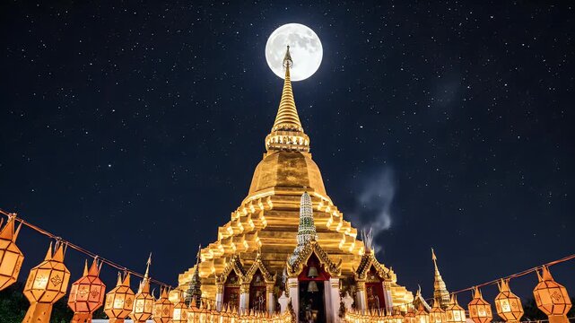 Visakha Bucha background with glowing full moon above temple spire at night sky