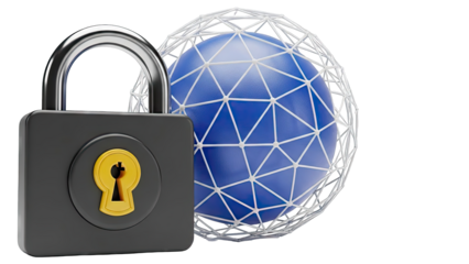 Padlock protecting a blue sphere with a wireframe cage