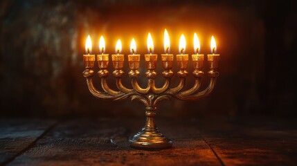 A traditional menorah with nine lit candles radiates a warm glow on a dark wooden table, symbolizing light, heritage, and the spirit of celebration