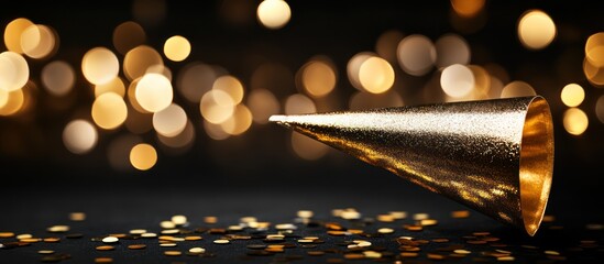 Golden party hat with bokeh lights and confetti, symbolizing celebration and festive occasions