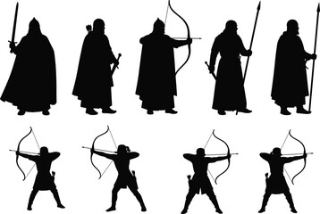 Collection of medieval warrior silhouettes, ancient archers with bows, knight soldiers with swords and spears, historical fighter characters isolated on white background, vector illustration