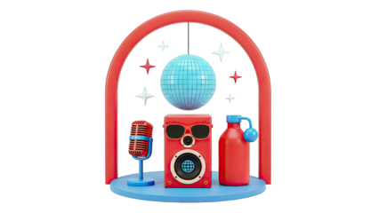Retro Disco Party Scene with Microphone and Speaker