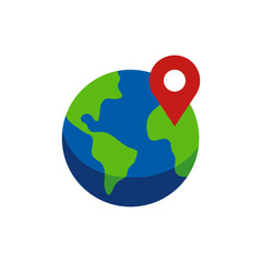 Globe icon with marker, flat style, vector illustration.