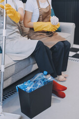 Cleaners clean empty office spaces