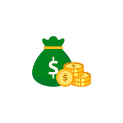  illustration of a green money bag with a dollar sign and a stack of gold coins