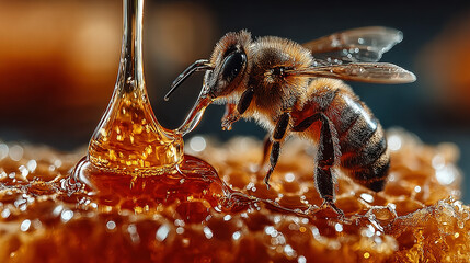 close-up of a bee collecting honey from a honeycomb.
