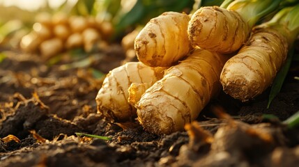 Close-up of freshly harvested organic ginger roots with earthy texture, lying on fertile dark soil in a sunlit field, showcasing the bounty of sustainable agriculture and natural food production