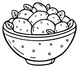 Doodle-style bowl full of potatoes with fresh herbs, a whimsical illustration for coloring pages or culinary themes