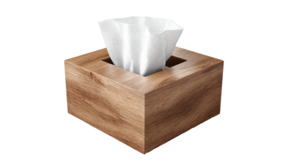 Tissue box wooden container with white tissues jutting from opening