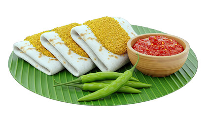 Savory Wraps with Chili Paste and Green Chilies on Banana Leaf