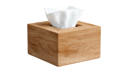 Wooden tissue box with white tissues sticking out on a black background