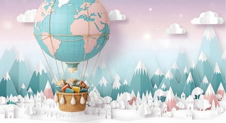 Paper cut style earth globe hot air balloon with basket full of books flying over pastel mountains. 3D education and travel concept background for World Book Day.