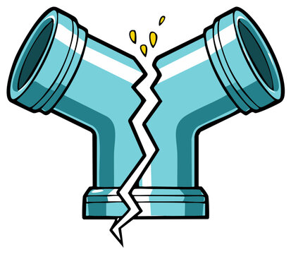 Cracked blue plastic pipe joint leaking water cartoon illustration isolated plumbing disaster home repair
