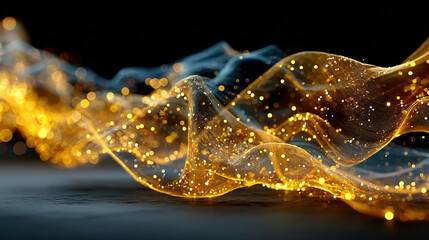 Abstract digital wave with glowing particles in gold and blue hues.