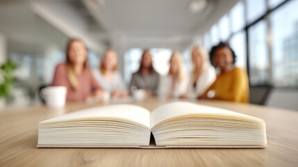 Open Book on Table with Blurred Group of Diverse Women in Modern Office Background