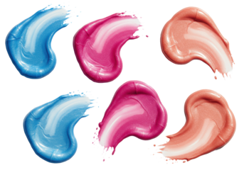 Five vibrant holographic makeup swatches with glossy, wet brushstrokes on a transparent studio background with copy space, concept for cosmetic advertising