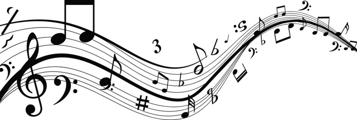 Flowing musical notes and staff wave vector illustration abstract music background design for sound melody rhythm creativity art concept graphic © Rayhan