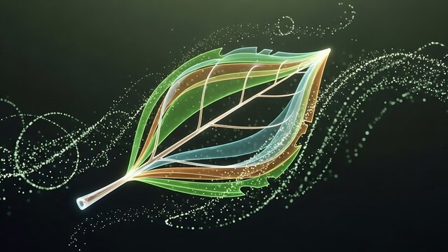 Abstract glowing leaf with swirling lines representing nature and technology. - Powered by Adobe