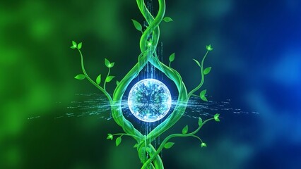 Abstract representation of nature and technology fusion with glowing energy core.
