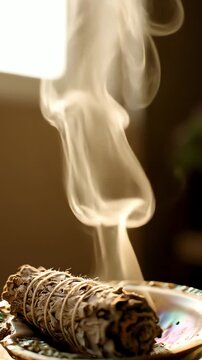 アワビの貝殻の中で燃えるホワイトセージの燻し棒の詳細なショット。柔らかな光の中で濃い煙が上向きに渦巻いています。