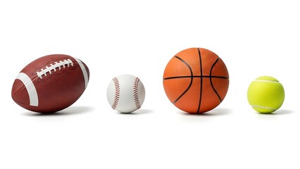 Collection of sports balls with generous spacing between each ball, American football, basketball, baseball and tennis ball on clean white background, minimal shadows, professional image