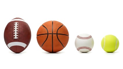 Set of sports balls, American football, basketball, tennis and baseball on white background
