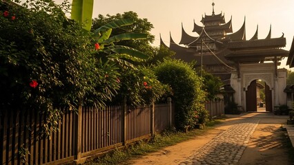 Ancient indonesian architectural complex bathed in warm sunset light, with lush tropical foliage and a cobblestone path leading to an ornate gateway.