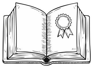 Sketch open book with award badge symbol for education knowledge and achievement illustration