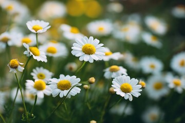 chamomile flowers growing in garden, white petals and yellow center, natural daylight, herbal tea and wellness concept