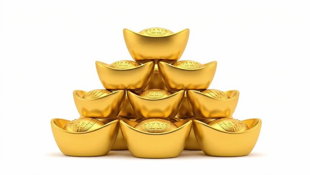 Golden Chinese Ingots Sycee Stacked in a Pyramid Isolated on White