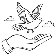 Obraz premium Dove Flying from Hand in the Sky with Clouds, Black and White Line Art