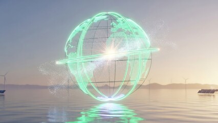 Futuristic glowing sphere over water at sunset, symbolizing global connectivity and advanced technology.