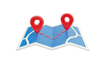 3D Map with Two Red Location Pins and a Route