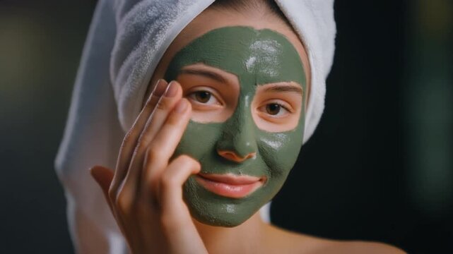 Beautiful woman with towel on head applying green clay mask on face