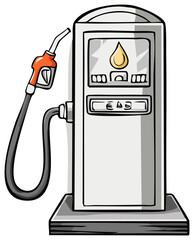 Cartoon gas station pump with fuel drop icon and digital display screen illustration