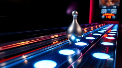 pinball. A silver pinball rolling on a glowing track and impacting a shiny bumper. event key visuals, club posters, designed for sports event promotions and stadium branding.
