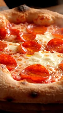 木の板の上で回転する溶けたチーズの入った熱いペパロニピザ、おいしそうなイタリアのファーストフード。