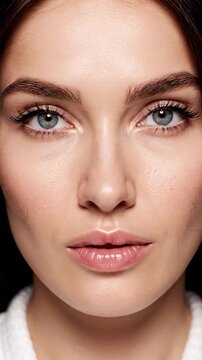 Close-up of a young woman's flawless face, focusing on her striking blue eyes and full lips