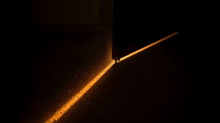 Warm golden light streaming through slightly open door into dark room creating dramatic contrast symbolizing hope mystery opportunity and new beginning
