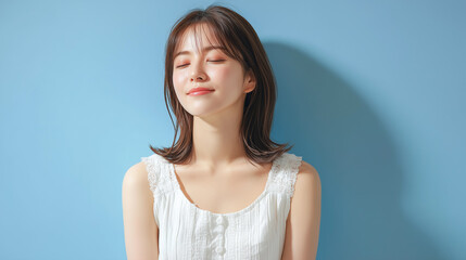 Calm professional woman resting with eyes closed in studio