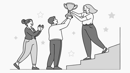 Small team celebrating success around a trophy