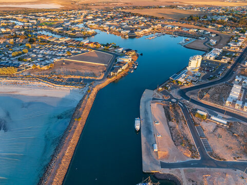 Housing developement along a waterfront marina entrance